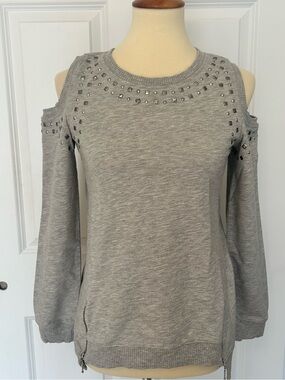 VENUS Light Gray Cold Shoulder Studded Sweatshirt